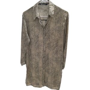 ZARA Brown Printed Satin Effect Hi-low Buttoned Shirt Tunic Top Oversize XS